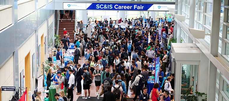 SC&IS Career Fair happening in the Business building Atrium.